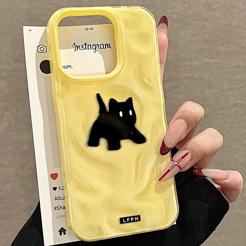 Cute Black Fuzzy Cat Shockproof Phone Case For iPhone 17Air 16 15 14 12 13 11 Pro Max Candy Color Wave Pattern Protective Cover