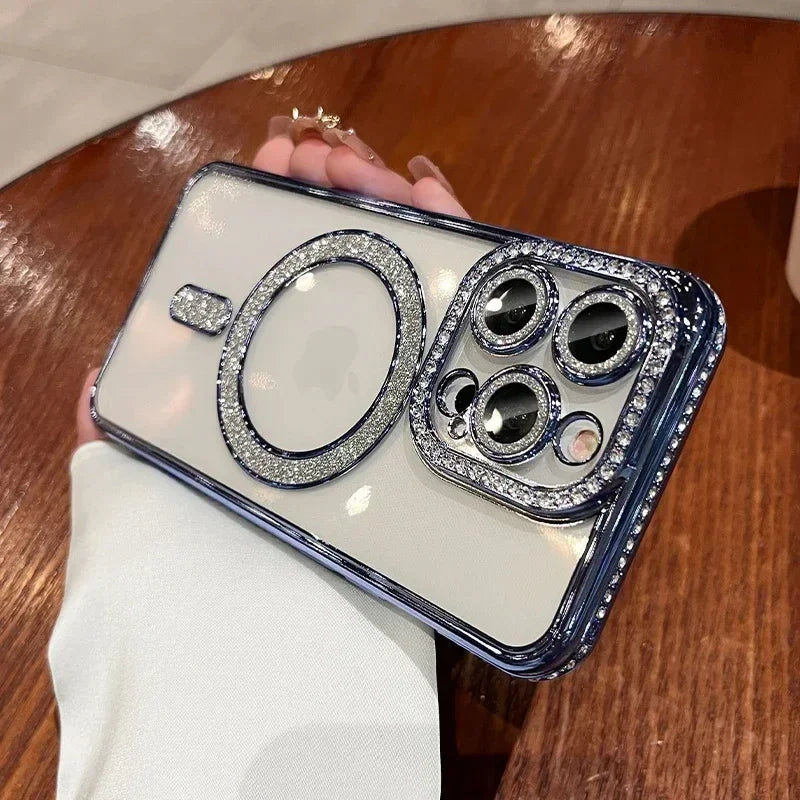 New Fashion Glitter Diamond Transparent Case For iPhone 16 15 14 13 17 12 Pro Max 16 Plus Magnetic Wireless Charge Bumper Cover