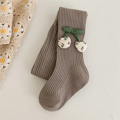 Girls Cotton Tights with Cherry Pattern - Soft Pantyhose for Kids Ages 2-10 Years