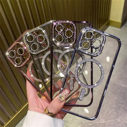 New Fashion Glitter Diamond Transparent Case For iPhone 16 15 14 13 17 12 Pro Max 16 Plus Magnetic Wireless Charge Bumper Cover