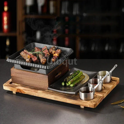 Dining room single and double tableware Cast iron barbecue plate Square alcohol oven baking tray Korean style barbecue stove set