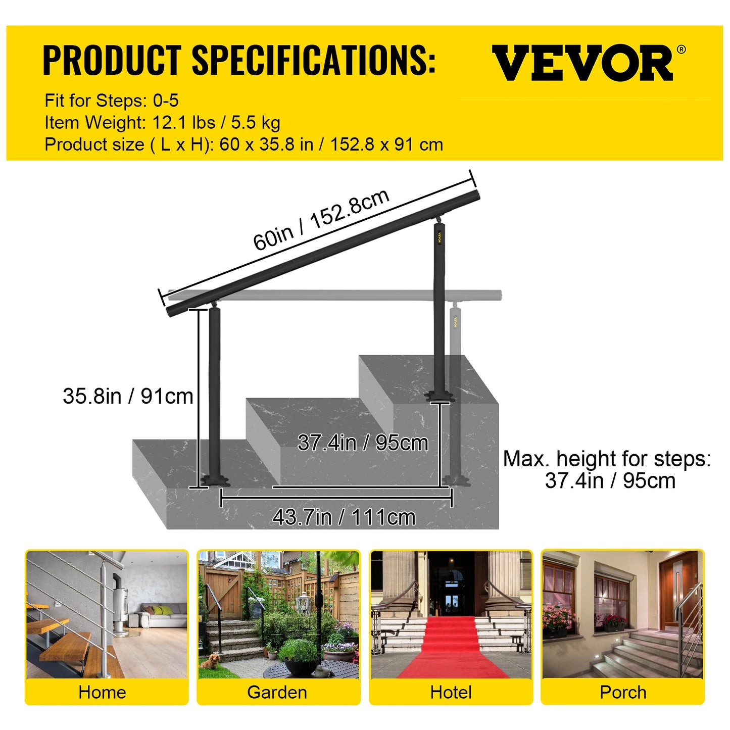 VEVOR Handrail for Outdoor Steps Aluminum Stair Handrail Fit 0-5 Steps w/ Installation Kit Building & Hardware Home Improvement