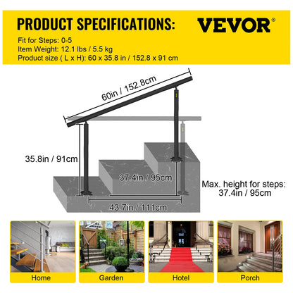 VEVOR Handrail for Outdoor Steps Aluminum Stair Handrail Fit 0-5 Steps w/ Installation Kit Building & Hardware Home Improvement