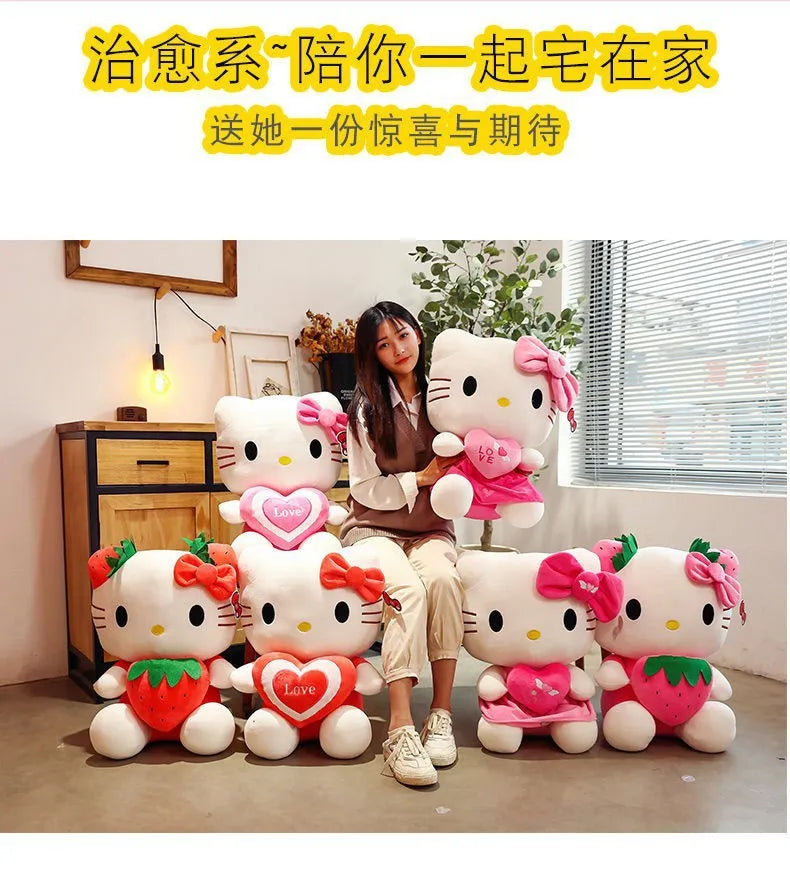 Kawaii Sanrio Hello Kitty Plush Stuffed Toy Strawberry KT Cat Pillow Doll Children's Birthday Gift Home Decoration Animal Doll