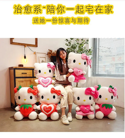 Kawaii Sanrio Hello Kitty Plush Stuffed Toy Strawberry KT Cat Pillow Doll Children's Birthday Gift Home Decoration Animal Doll
