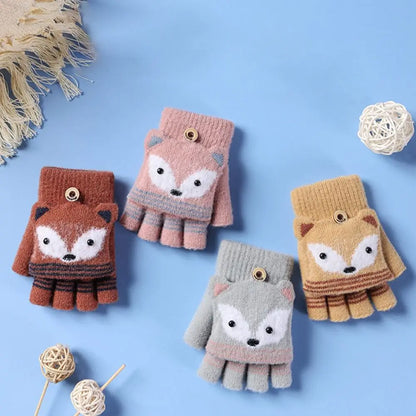 Flip Fingerless Gloves Autumn Winter Children Knitted Gloves Cute Cartoon Fox Warm Half-Finger Gloves