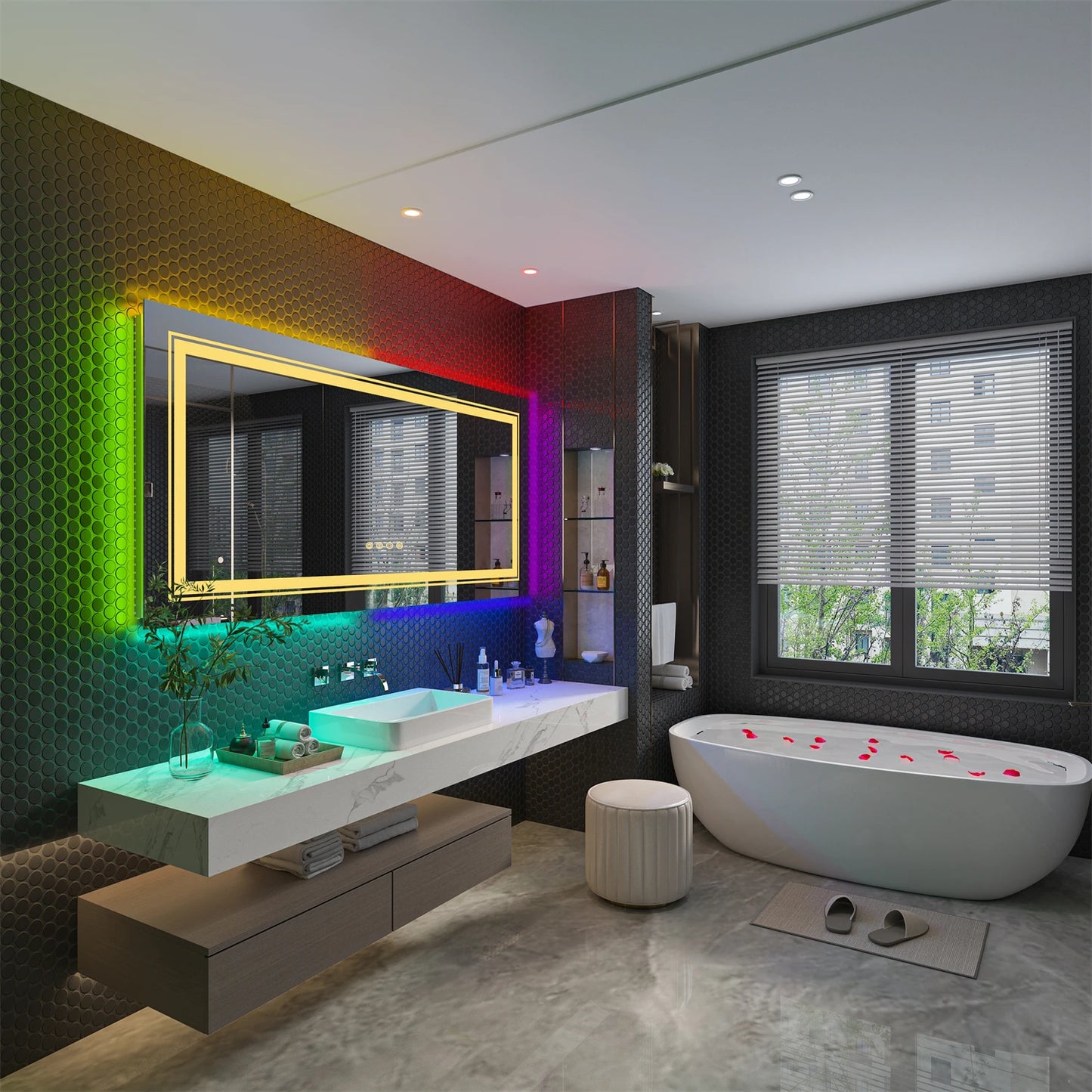 Large Full Size RGB LED Bathroom Mirror with Lights, Dimmable Wall Mirrors, Smart Anti-Fog, Vertical and Horizontal