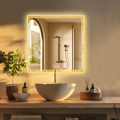 Square Backlit LED Mirror Dimmable Illuminated Bathroom Vanity Mirrors Anti-fog 3500K-6500K Smart Memory