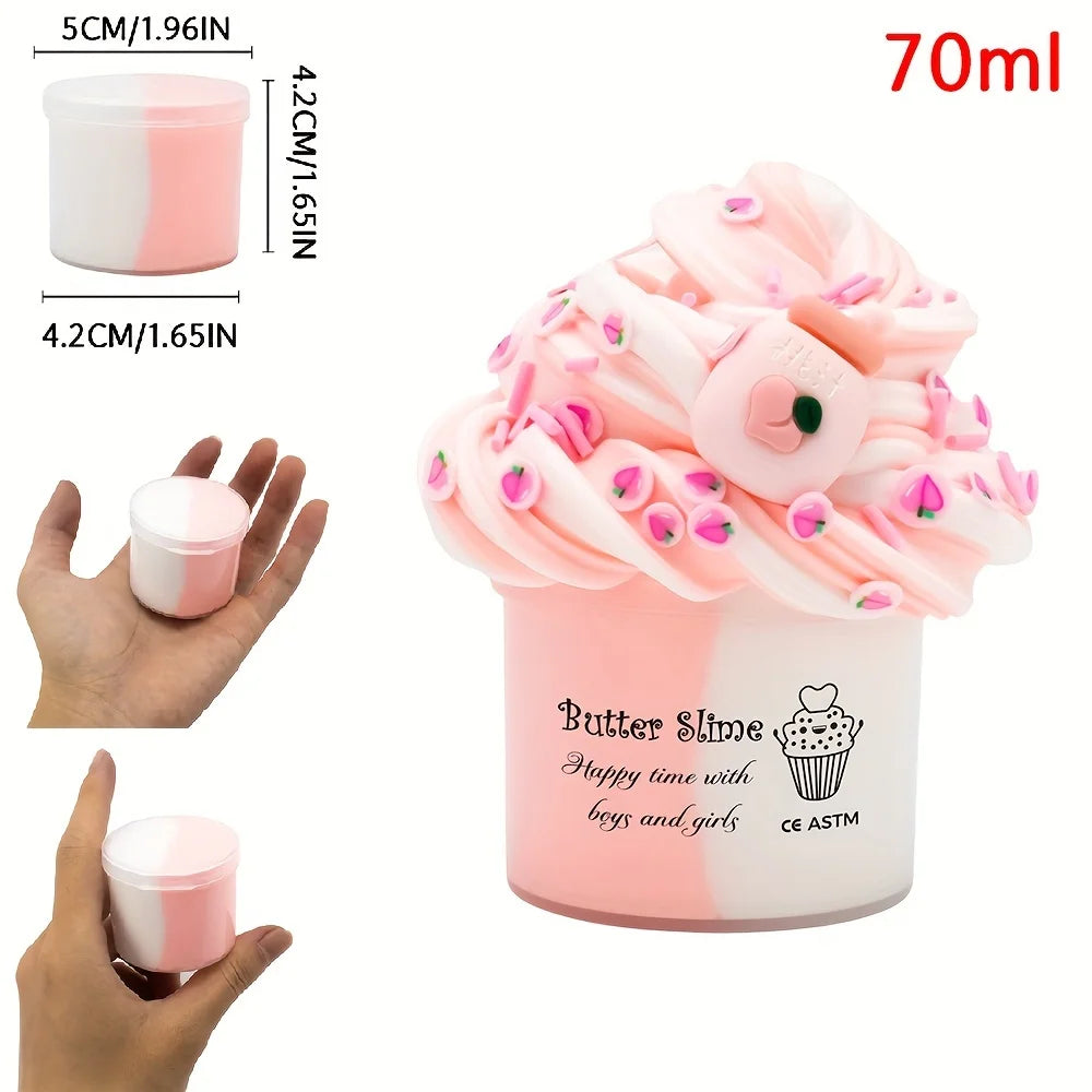 2.37oz Fluffy Two-Tone Butter Slime Super Soft Clay Stretchy Non-sticky Party Favors Slime Charms Toys Education Birthday Gifts