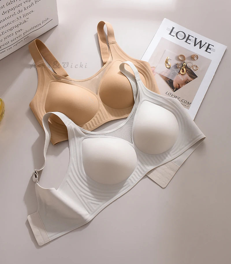 Plus Size Jelly Gum Full Cover Semi Fixed Large Cup Lace Underwear Anti Glare Mesh Woman Bra Comfortable  Gathering