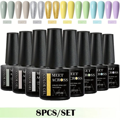 MEET ACROSS 8-teiliges Gel-Nagellack-Set für alle Jahreszeiten, Neon-Marcaron-Grün-Rot-Serie, UV-Gel-Lack-Maniküre-Set, Nagelzubehör