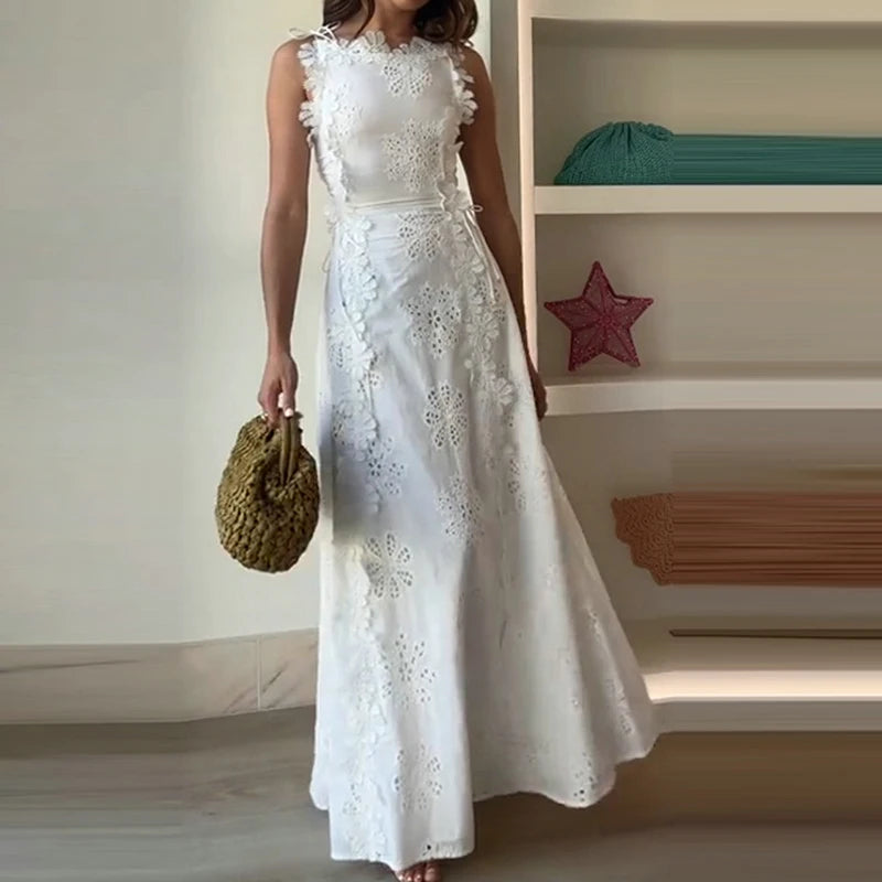 New Solid Color Lace Embroidery Evening Dress Trendy Sleeveless Women White Dress Elegant Hollow Out Floral Bandage Party Dress