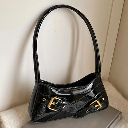 MOJOYCE Small Belt Design Glossy Patent Leather Shoulder Bags Women Luxury Brand Tote Handbag Y2K Underarm Bag with Inner Pocket