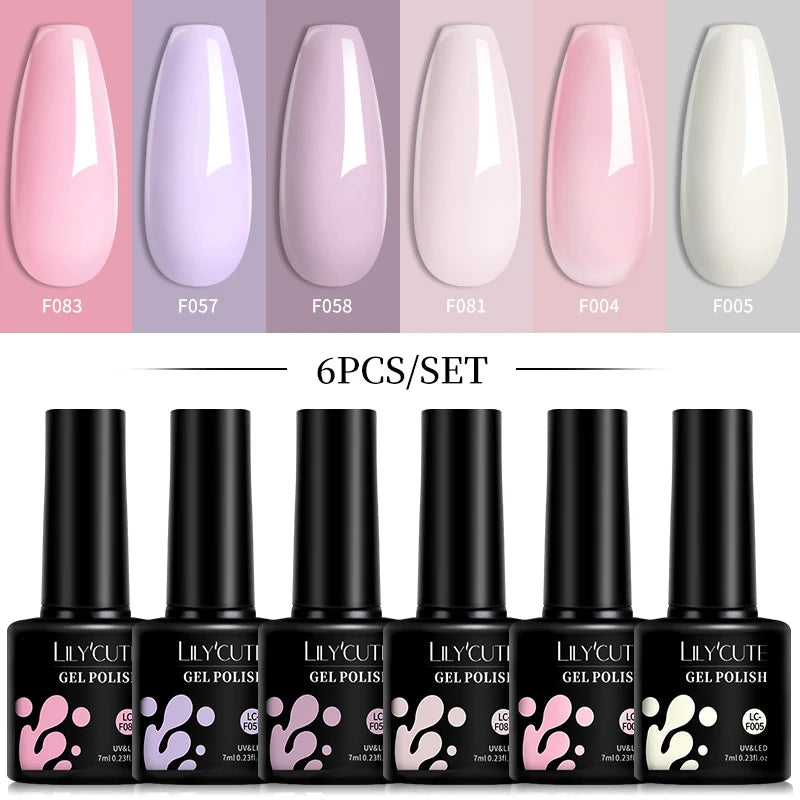 LILYCUTE 6-teiliges Set 7 ml Gel-Nagellack zum Selbermachen, leuchtend pink, semi-permanent, UV-/LED-beständig, Nageldesign-Set