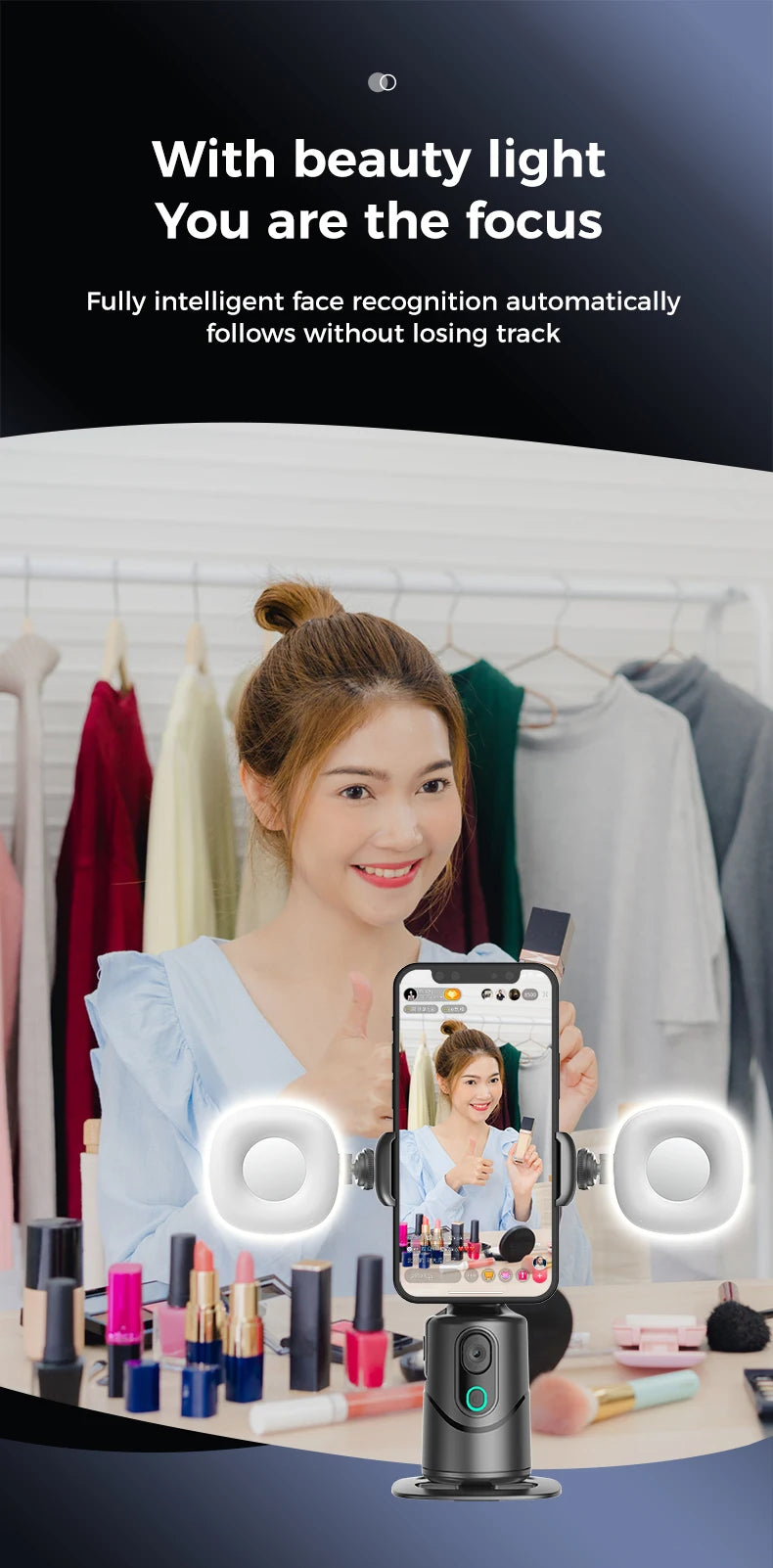 Automatic facial tracking phone holder with remote control and gesture control, 360 ° rotating phone camera holder