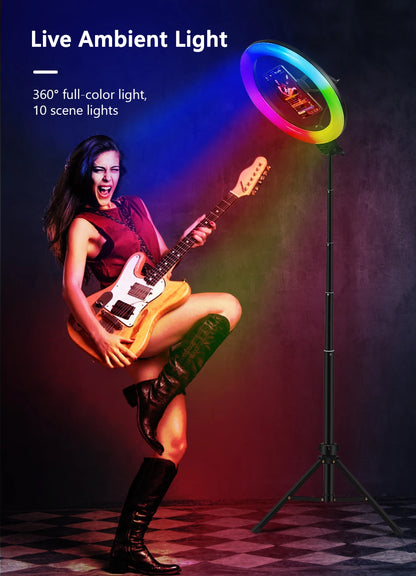 10in 26cm RGB Selfie Ring Light with Telescopic Tripod Stand Phone Holder, Photography RingLight Colorful Led Makeup Fill Lamp