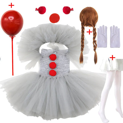 80s 90s Clown Tutu Dress with Gloves Hair Pin Pennywise Role Play Joker Costume Halloween Creature It Cosplay Girls Doll Cosplay