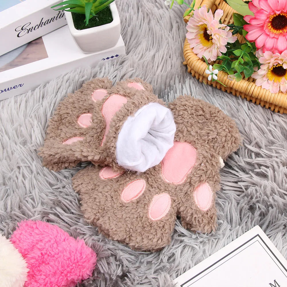 1Pair Winter Fluffy Cat Paw Children Gloves Cute Fingerless Warm Plush Mittens Fashion Warm Lovely Gloves for Girls 9 Colors