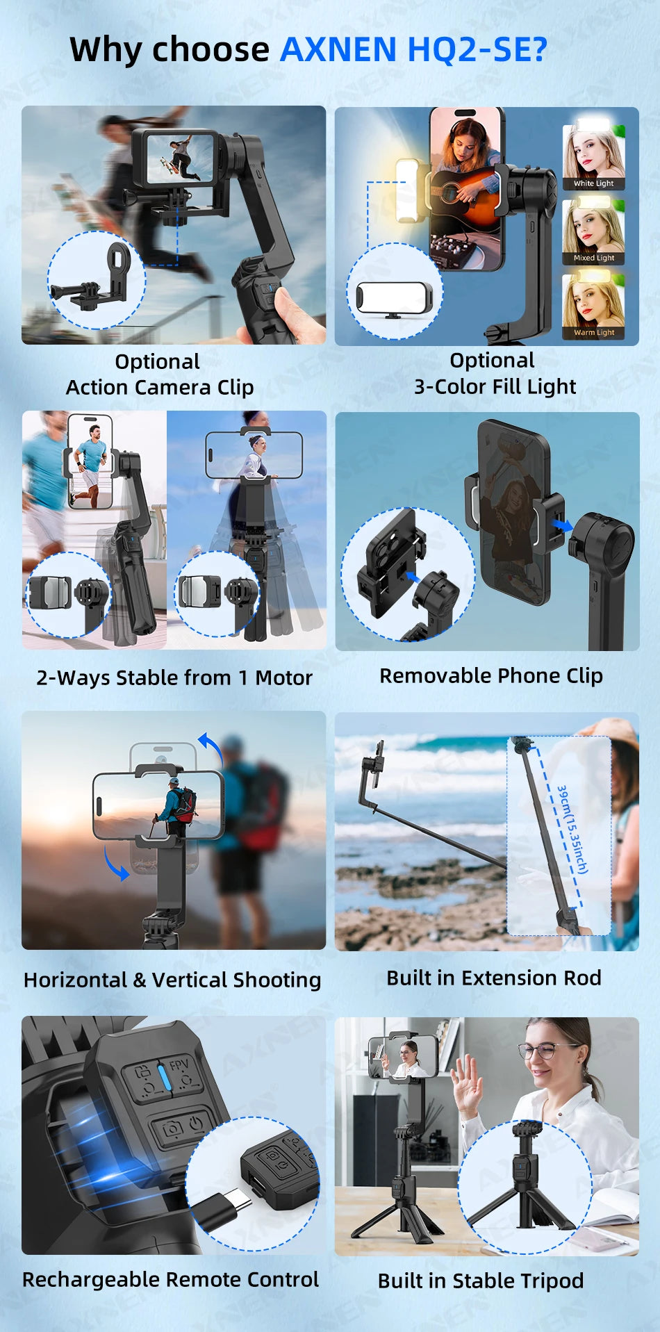 AXNEN HQ2-SE Smartphone Gimbal Stabilizer Handheld Mobile Shooting Stabilizer for Gopro Action Cameras Android iPhone Video Vlog