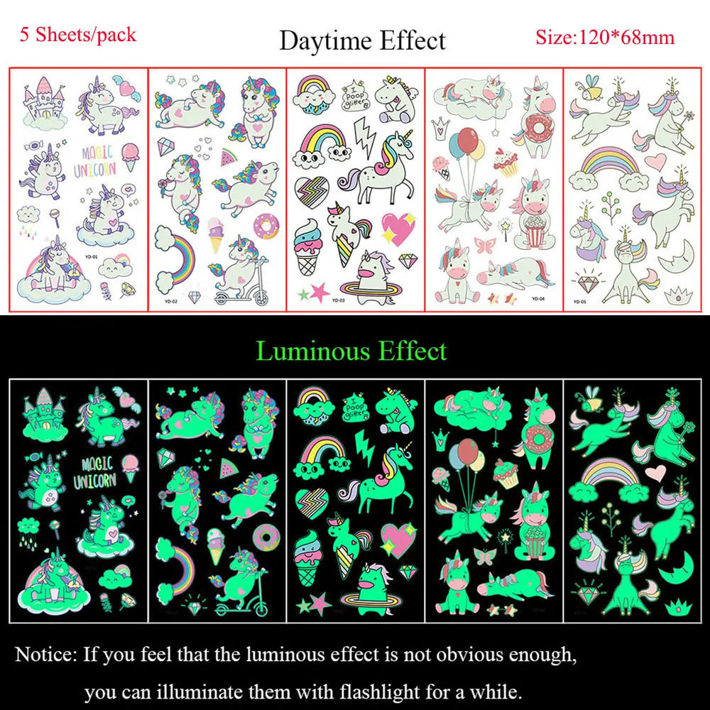 5 Sheets Luminous Tattoo Stickers Colorful Animal Mermaid Dinosaur Temporary Tattoos for Hand  Body Fake Tattoo Waterproof