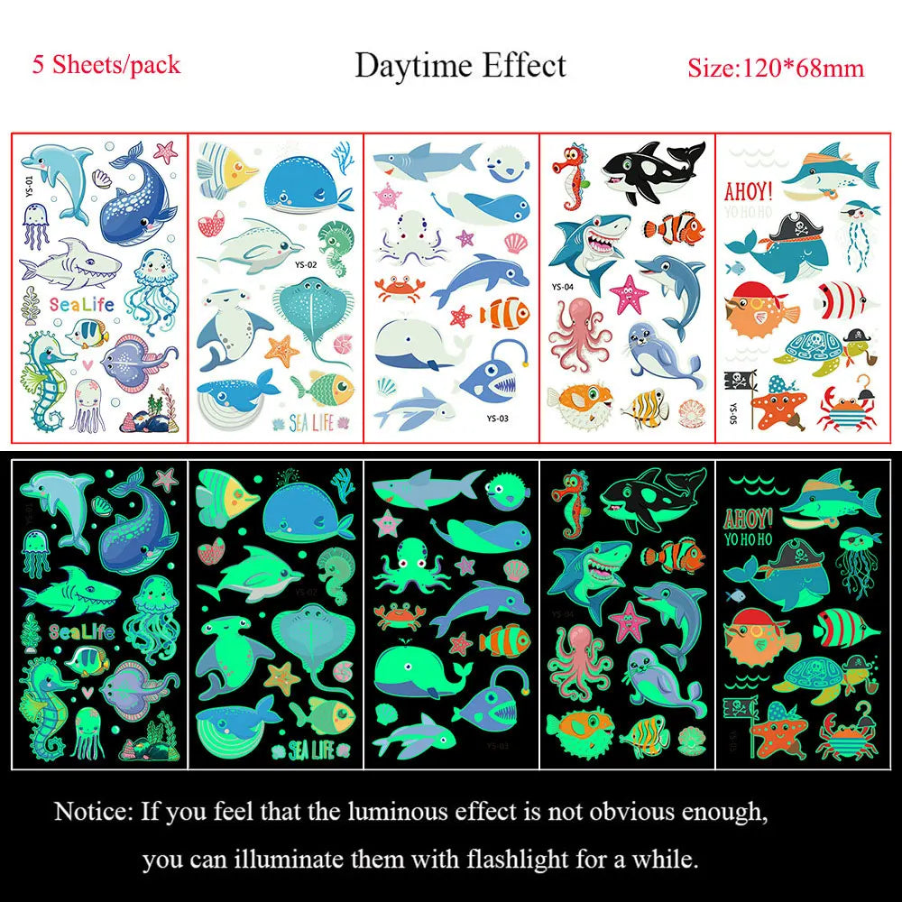 5 Sheets Luminous Tattoo Stickers Colorful Animal Mermaid Dinosaur Temporary Tattoos for Hand  Body Fake Tattoo Waterproof