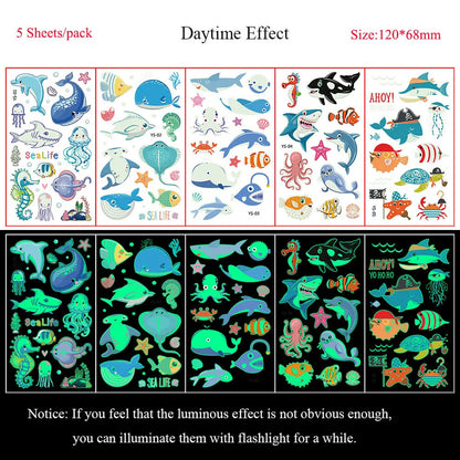 5 Sheets Luminous Tattoo Stickers Colorful Animal Mermaid Dinosaur Temporary Tattoos for Hand  Body Fake Tattoo Waterproof