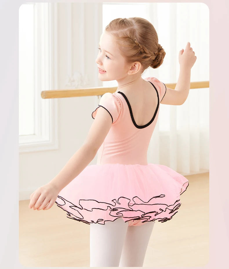 Girls Pink Ballet Leotard with Tutu Short Sleeve Dance Bodysuit for Toddler Girls Cotton Ballerina Wear