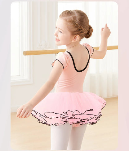 Girls Pink Ballet Leotard with Tutu Short Sleeve Dance Bodysuit for Toddler Girls Cotton Ballerina Wear