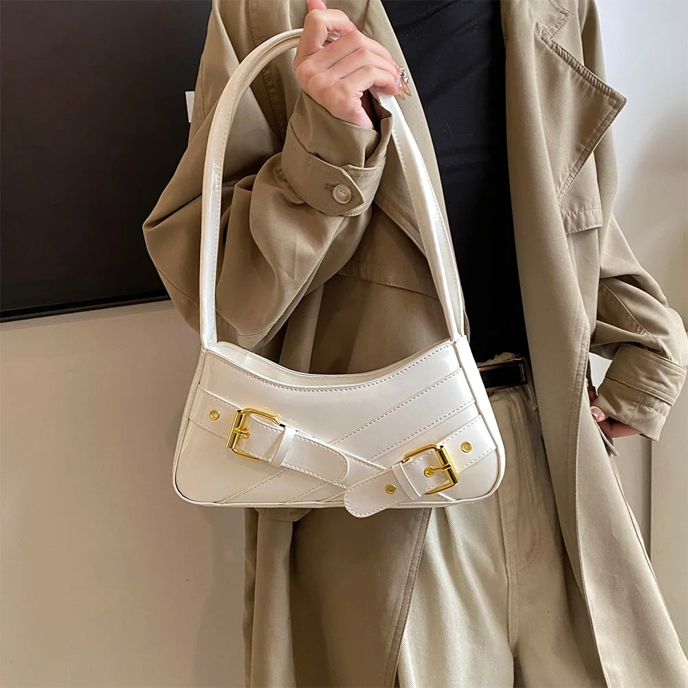 MOJOYCE Small Belt Design Glossy Patent Leather Shoulder Bags Women Luxury Brand Tote Handbag Y2K Underarm Bag with Inner Pocket