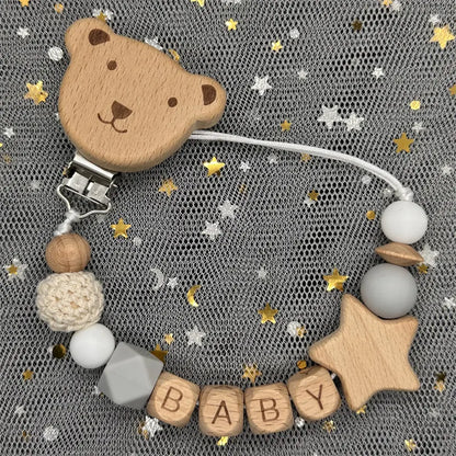 NEW Custom Name Wooden Personalized Baby Pacifier Chain Beech Bead Dummy Nipple Holder Guard Teether Pendant Newborn Mother Gift