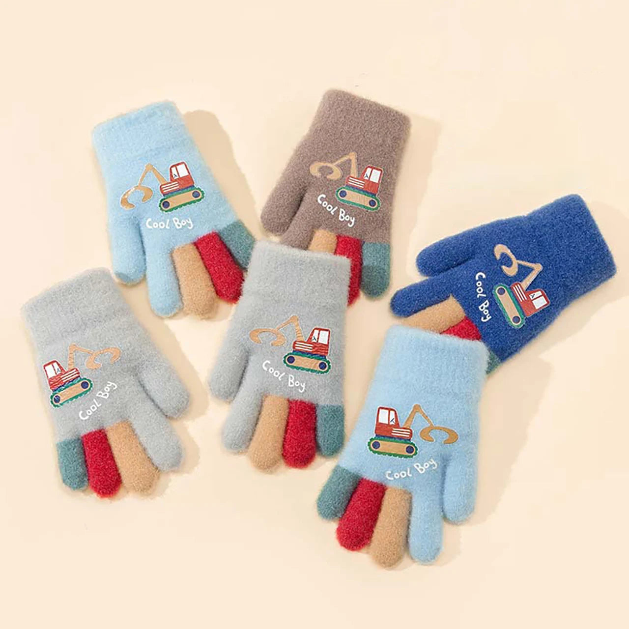 Kids Winter Gloves - Cute Excavator Cartoon Knitted Mittens for Boys & Girls (Ages 7-13)