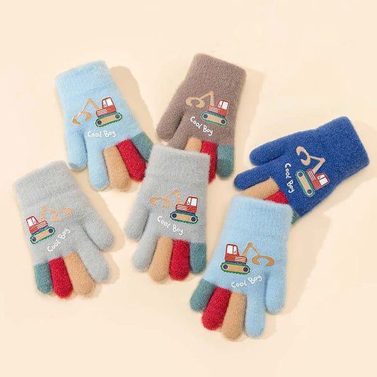 Kids Winter Gloves - Cute Excavator Cartoon Knitted Mittens for Boys & Girls (Ages 7-13)