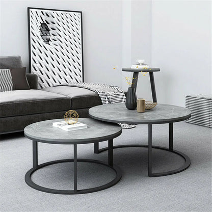 Marble Round Nesting Coffee Table, Side End Table, Accent Table, Metal Legs, Waterproof, Set of 2