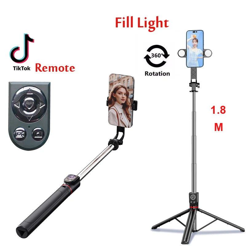 1.8M Long Extended Bluetooth Wireless Selfie Stick Live Broacast Stand Holder Tripod Foldable With Fill Light For Smartphones