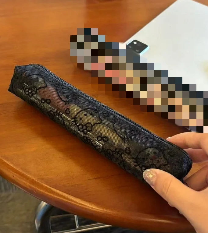 Sanrio Mesh Hello Kitty Black and White Pencil Case Zero Wallet Headphone Bag Girl's Portable Makeup Brush Storage Bag Gift