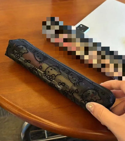 Sanrio Mesh Hello Kitty Black and White Pencil Case Zero Wallet Headphone Bag Girl's Portable Makeup Brush Storage Bag Gift