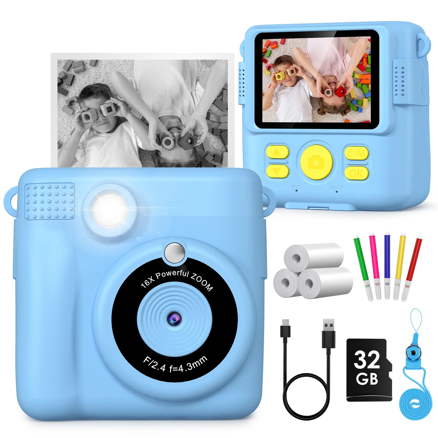 Kids Digital Camera 2.4" 1080P HD Video Camera Portable Instant Print Camera with 32GB Card, Birthday Gift for Boys Girls 3-12