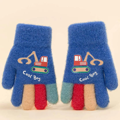 Kids Winter Gloves - Cute Excavator Cartoon Knitted Mittens for Boys & Girls (Ages 7-13)