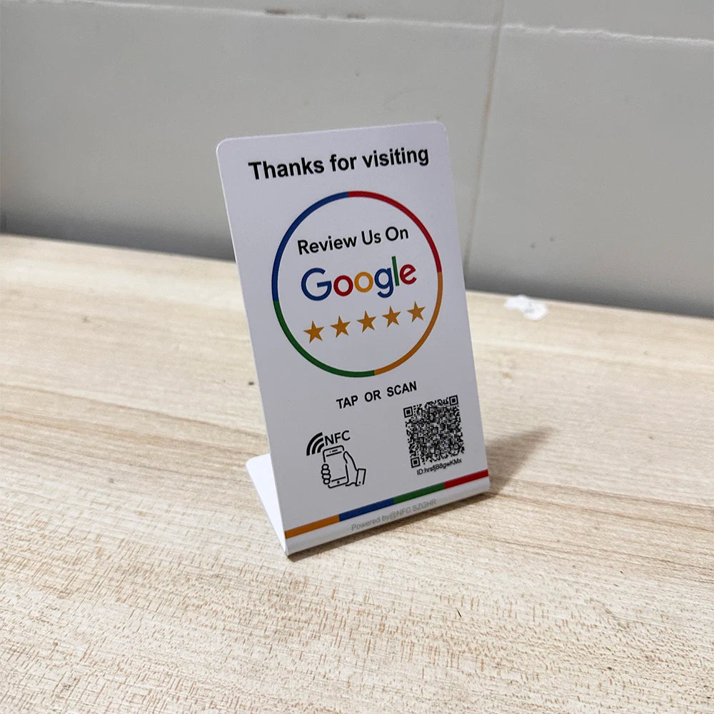 Spanish English QR code NFC Standing Sign Google review NFC215 Review Stand Click URL Unlimited Modification Editing QR Codes