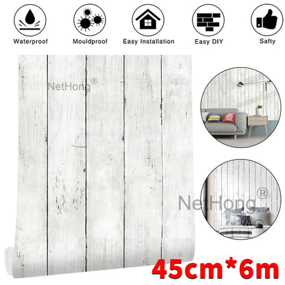 6M Vinyl Ivory white wood grain Wallpaper Stickers Self Adhesive Paper Waterproof