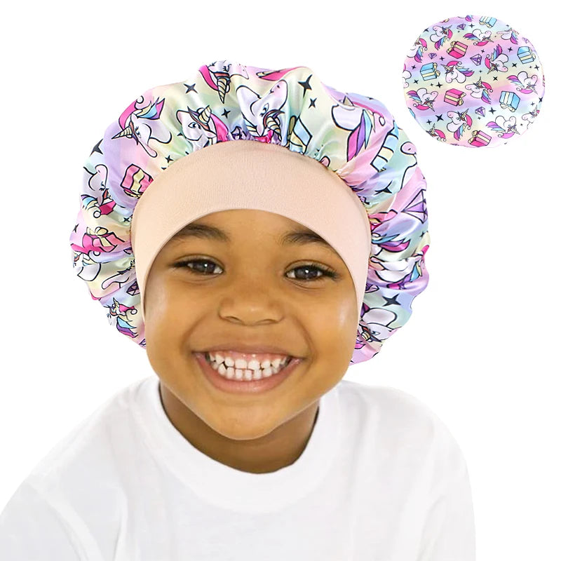 Cartoon Baby Kids Print Satin Bonnet Sleep Hat Cap for Curly Hair Adjustable Silky Satin Cap for Toddler Night Sleep Caps Beanie