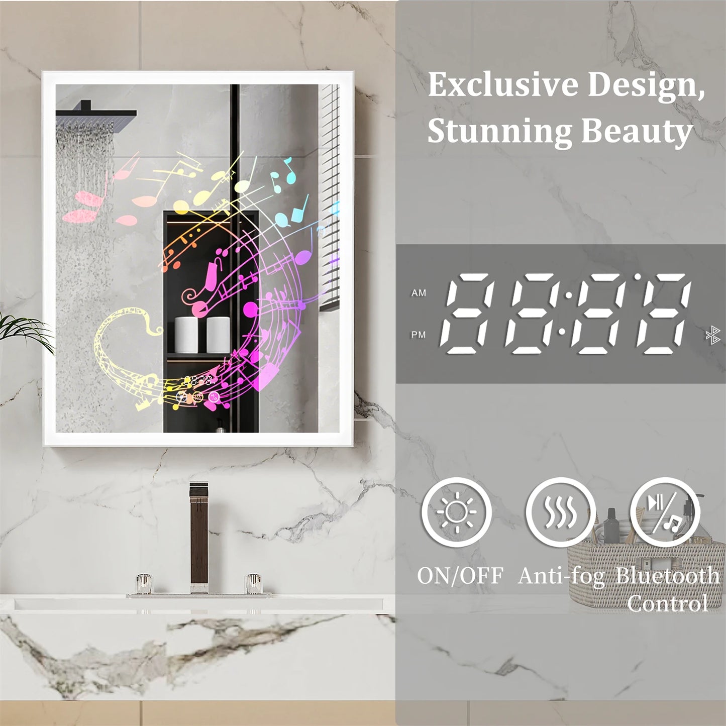 60/70CM Illuminated LED Wall Mirrored Bathroom Storage Medicine Cabinet with Shaver Socket, Bluetooth Speaker Anti-Fog