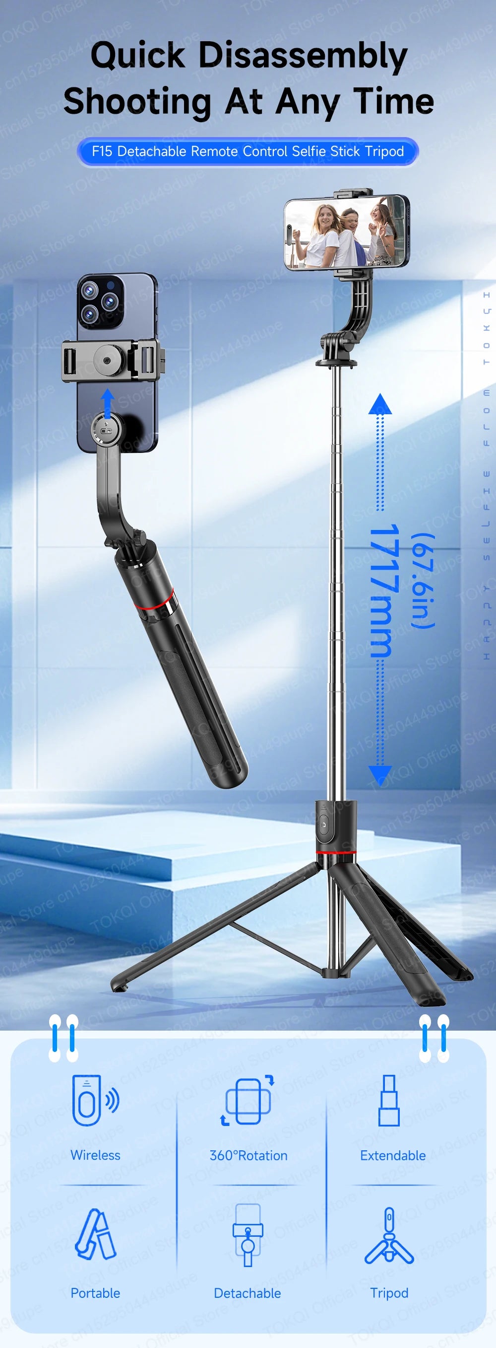 F15 Selfie Stick Tripod Extendable Pole with Wireless Bluetooth Remote Phone Holder for Smartphone Shooting Vlog Video Recording