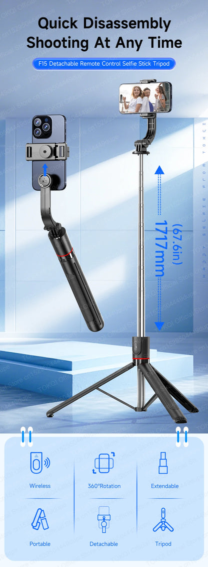 F15 Selfie Stick Tripod Extendable Pole with Wireless Bluetooth Remote Phone Holder for Smartphone Shooting Vlog Video Recording