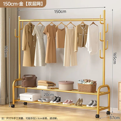 Aesthetic Golden Clothes Rack Metal Balcony Nordic Wheels Clothes Rack Floor Bedroom Burro Ropa Perchero Hallway Furniture