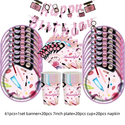 Make Up Theme Birthday Disposable Tableware Paper Plate Cups For Spa Makeup Girl Party Lipstick Red Lips Balloon Valentines Gift