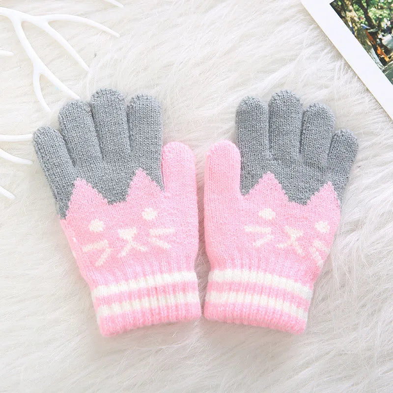 Cute Cartoon Kids Knitted Gloves Thick Fleece Children Five Finger Mittens 4-10Year Boys Girls Winter Hand Warmer Fashion Gloves
