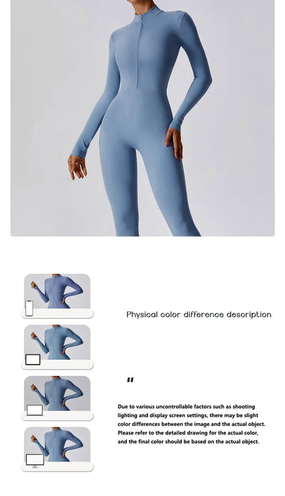 Women's Zipper Yoga Jumpsuit - Long Sleeve Workout Bodysuit for Gym & Fitness