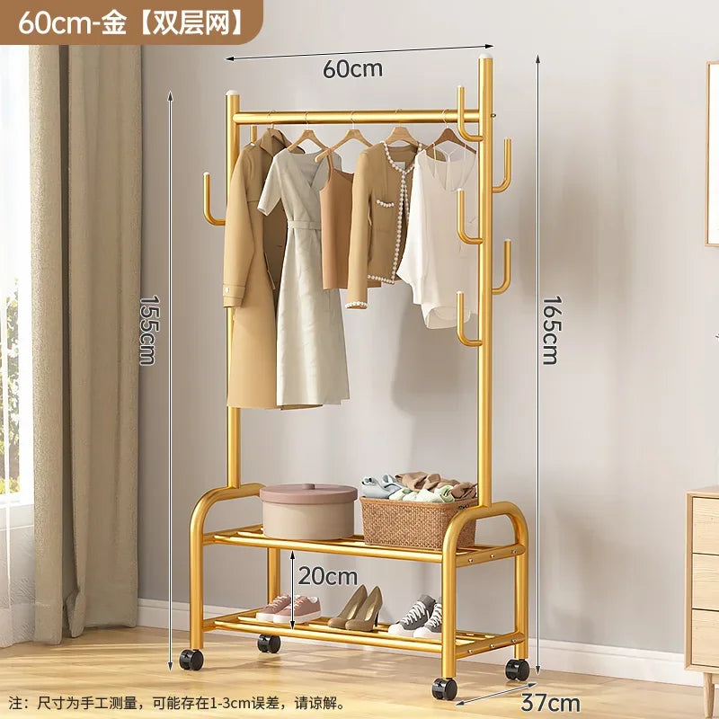 Aesthetic Golden Clothes Rack Metal Balcony Nordic Wheels Clothes Rack Floor Bedroom Burro Ropa Perchero Hallway Furniture