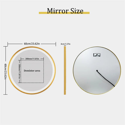 LUVODI 24 Inch Gold Frame Round Bathroom Mirror with Lights Illuminate Wall Vanity Mirror 3 Color Dimmable Anti-Fog Smart Mirror